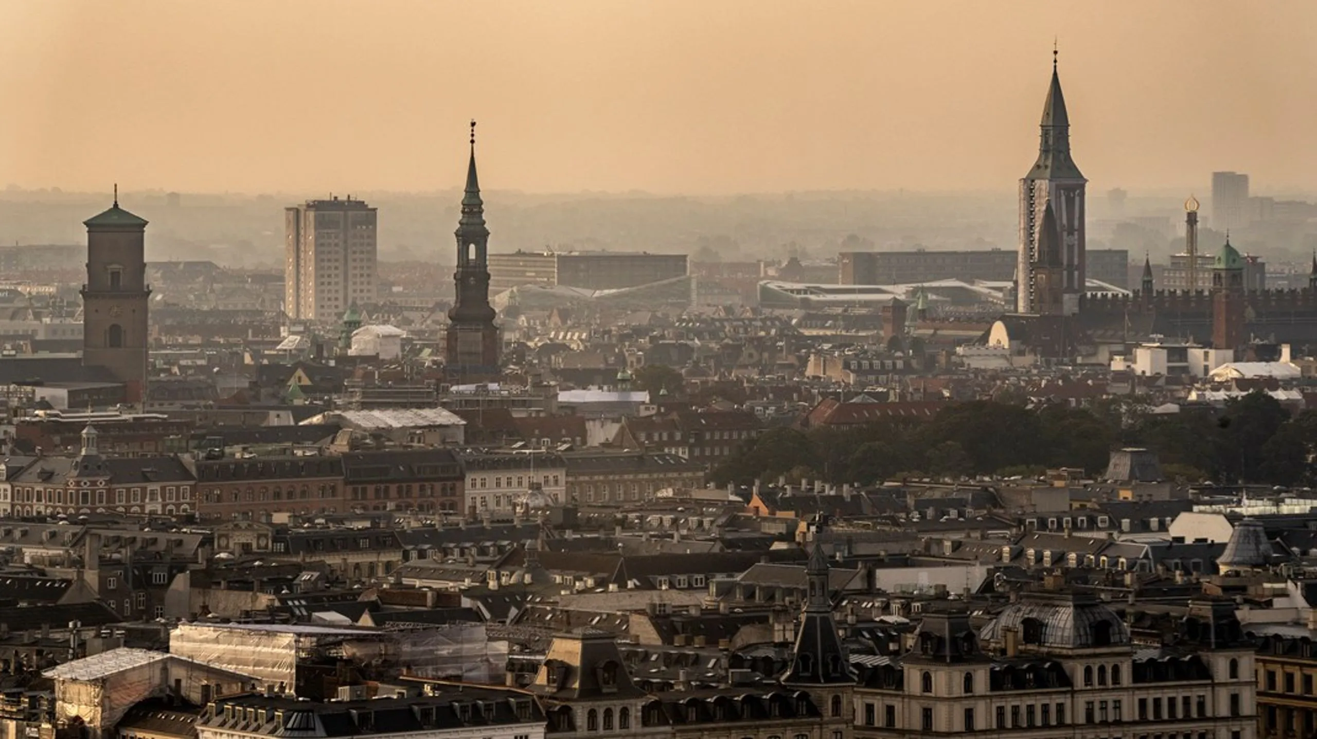 View over the rooftops of Copenhagen at golden hour